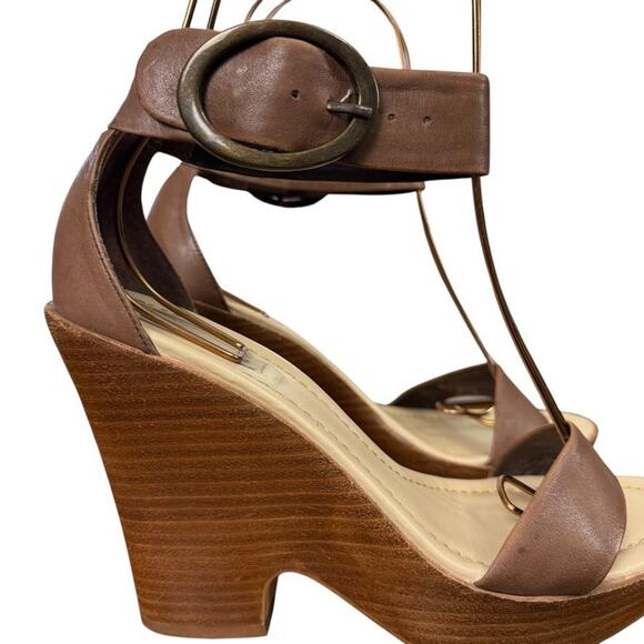 Dune Brown Leather Womens Platform Wedge Ankle Strap Sandals Shoes sz 38 / 8 - Picture 12 of 15
